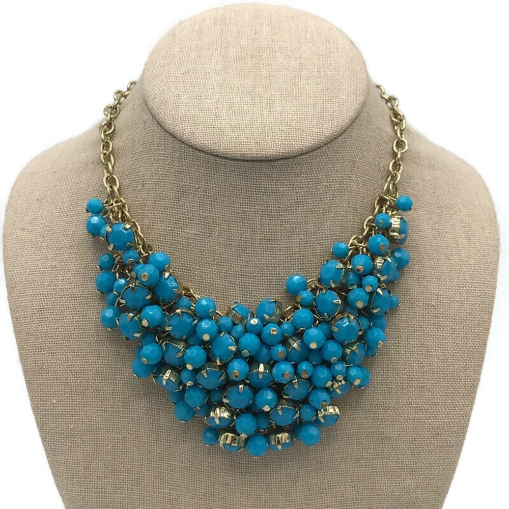 H & M Blue Beaded Chain Mail Necklace Gold-Tone